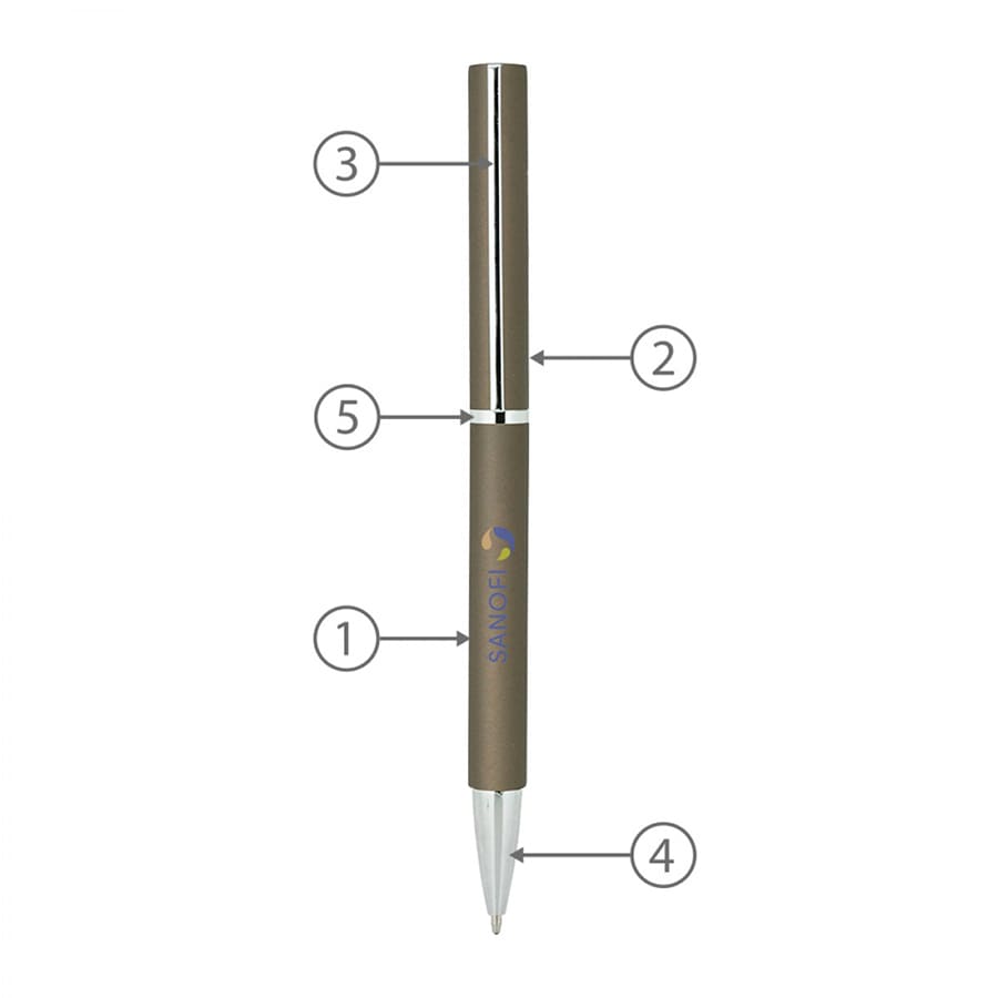 A metal ballpoint pen with a brown barrel and chrome accents, featuring a logo.