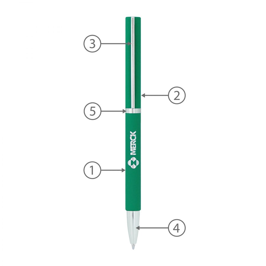A green metal ballpoint pen with a silver tip and a logo. It features a sleek, modern design.