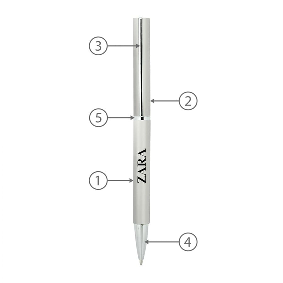 A sleek white metal ballpoint pen with a chrome finish and a logo on the barrel.