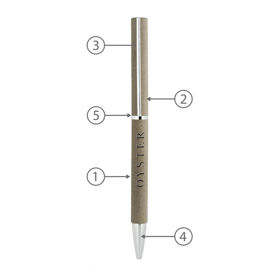 A metal ballpoint pen with a silver tip and a neutral-toned barrel, featuring a logo.
