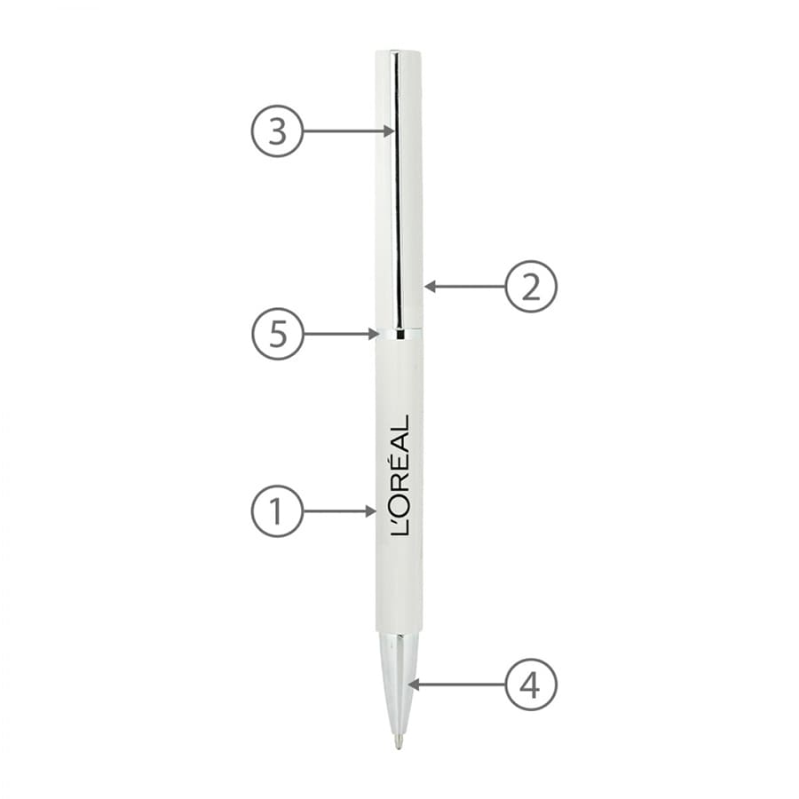 A metal ball pen in white with a silver clip and a logo, displayed vertically.