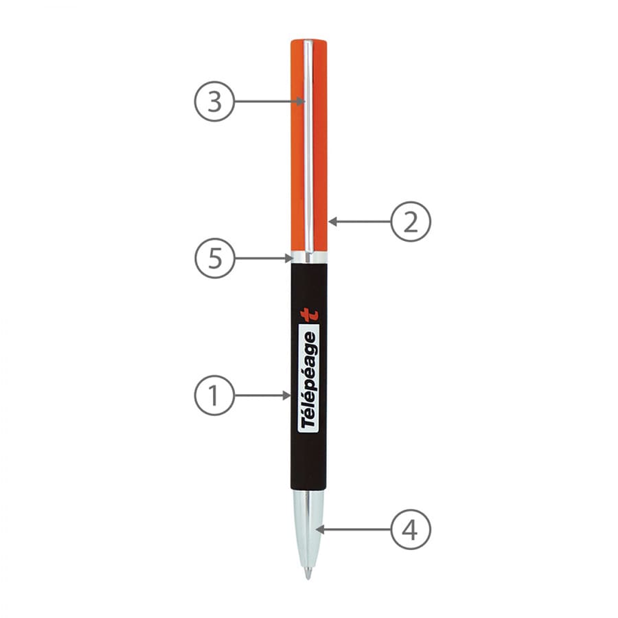 A metal ball pen with an orange and black design, featuring a logo on the barrel.