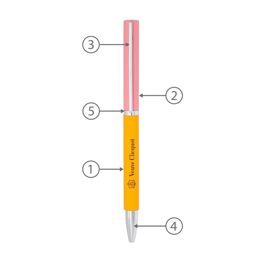 A metal ball pen in orange and pink, featuring a branding logo, with a sleek design and shiny finish.