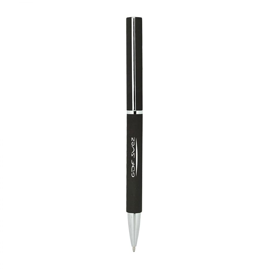 A black metal ballpoint pen with silver accents and a logo.