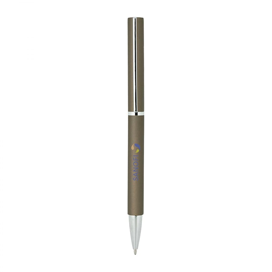 A metal ball pen in a bronze finish with a chrome accent and a logo on the barrel.