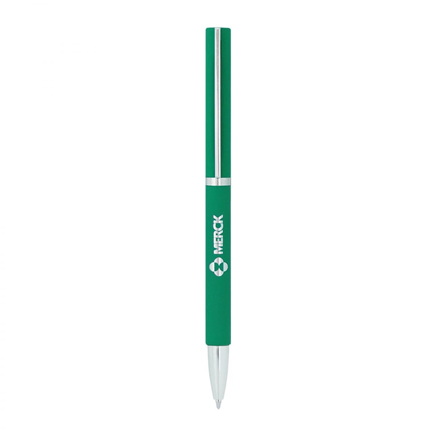A green metal ballpoint pen with a silver tip and a branding logo.