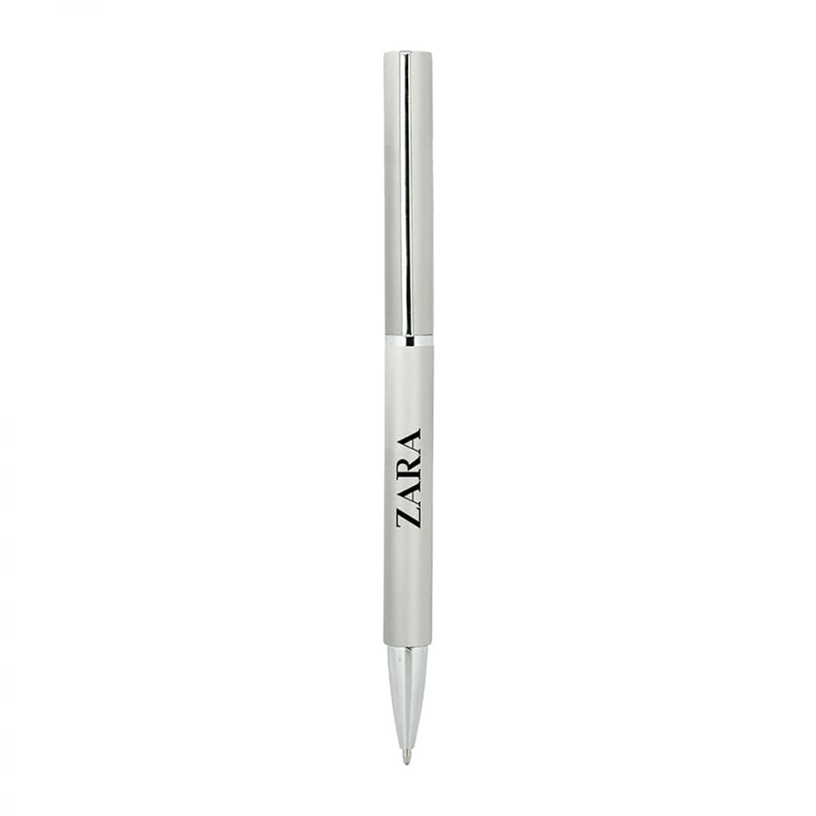 A metal ballpoint pen with a white barrel and silver accents, featuring a logo on the side.