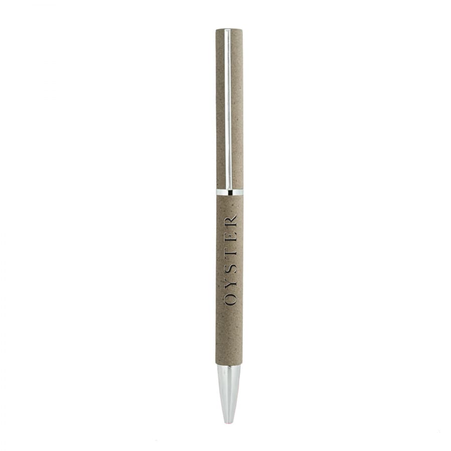 A metal ball pen in a natural finish with a silver tip and branding.