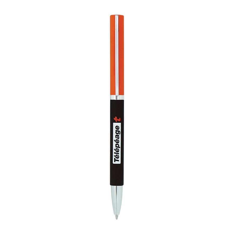 A metal ball pen featuring a black body with an orange accent and a silver clip, including a logo.