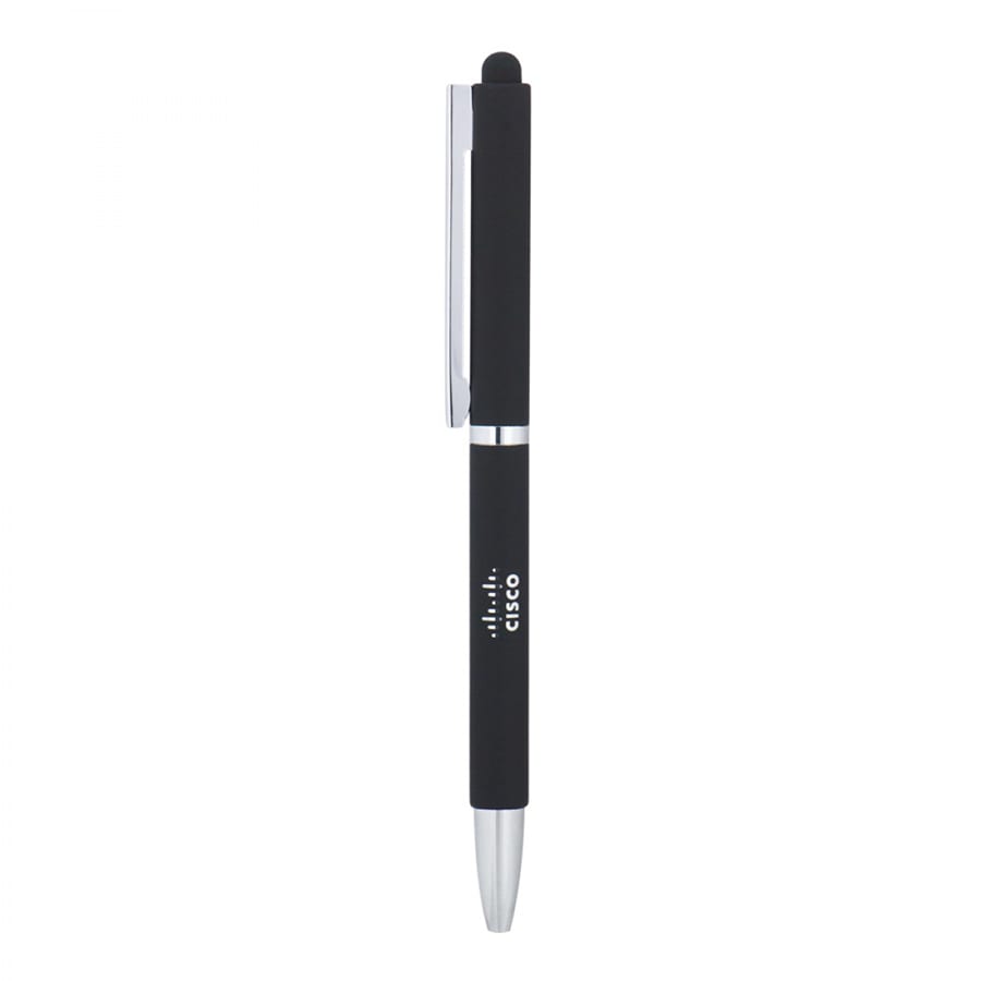 A black metal ballpoint pen with a twist mechanism and a stylus tip, featuring a logo on the barrel.