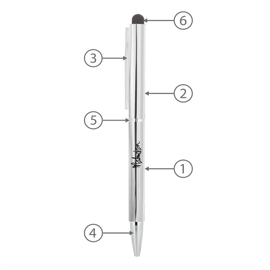 A metal ballpoint pen in silver, featuring a stylus tip and a clip, with a branded logo.