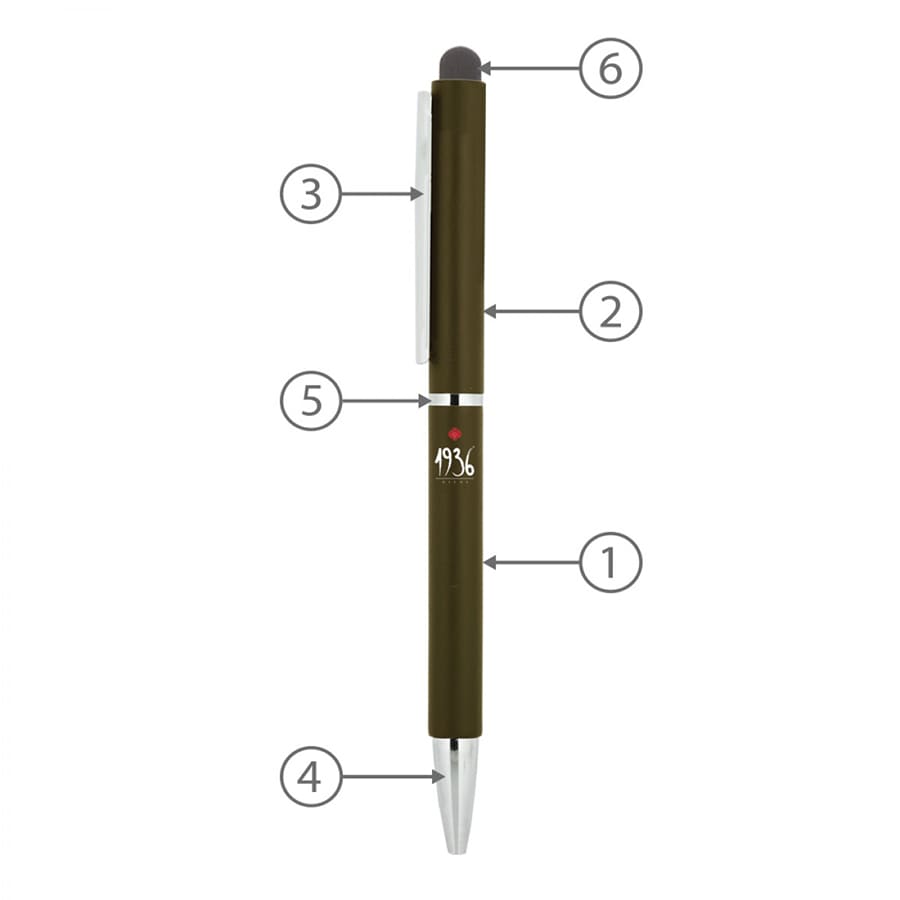 A metal ball pen in olive green with a stylus tip and a chrome clip, featuring a logo.