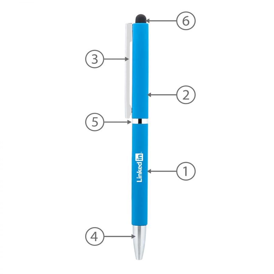 A blue metal ballpoint pen with a stylus tip and a branding logo. Features a twist mechanism.