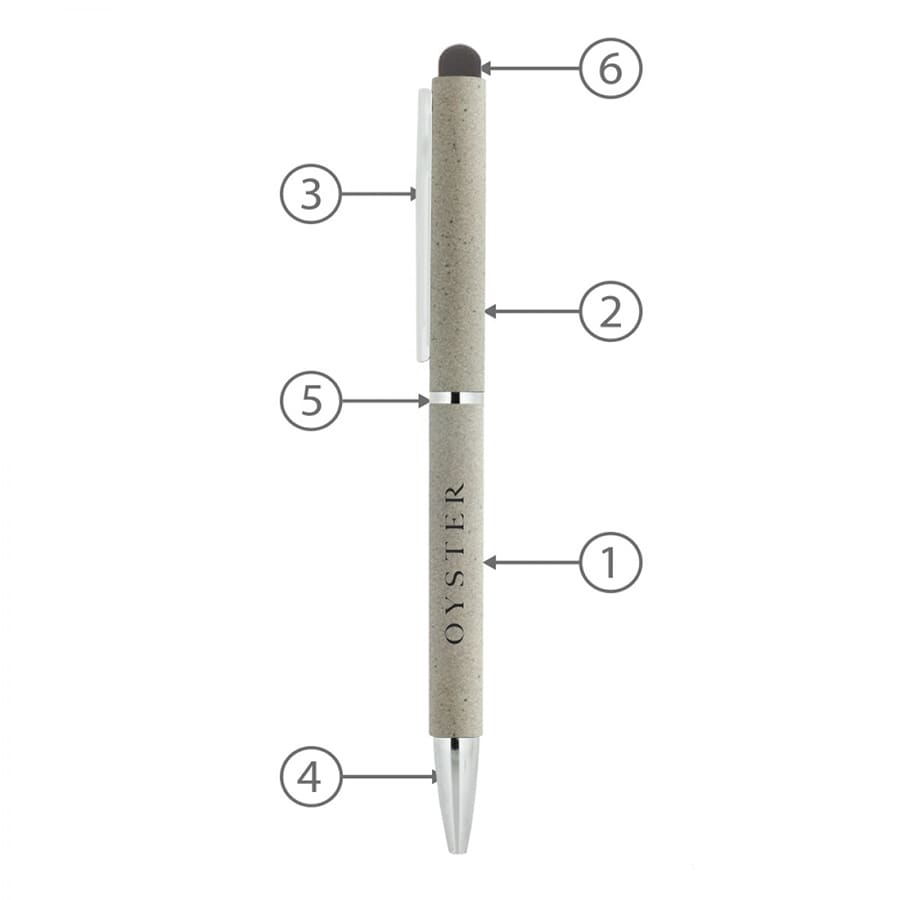 A metal ballpoint pen with a grey body, a stylus tip, and a shiny silver clip. Includes a logo.