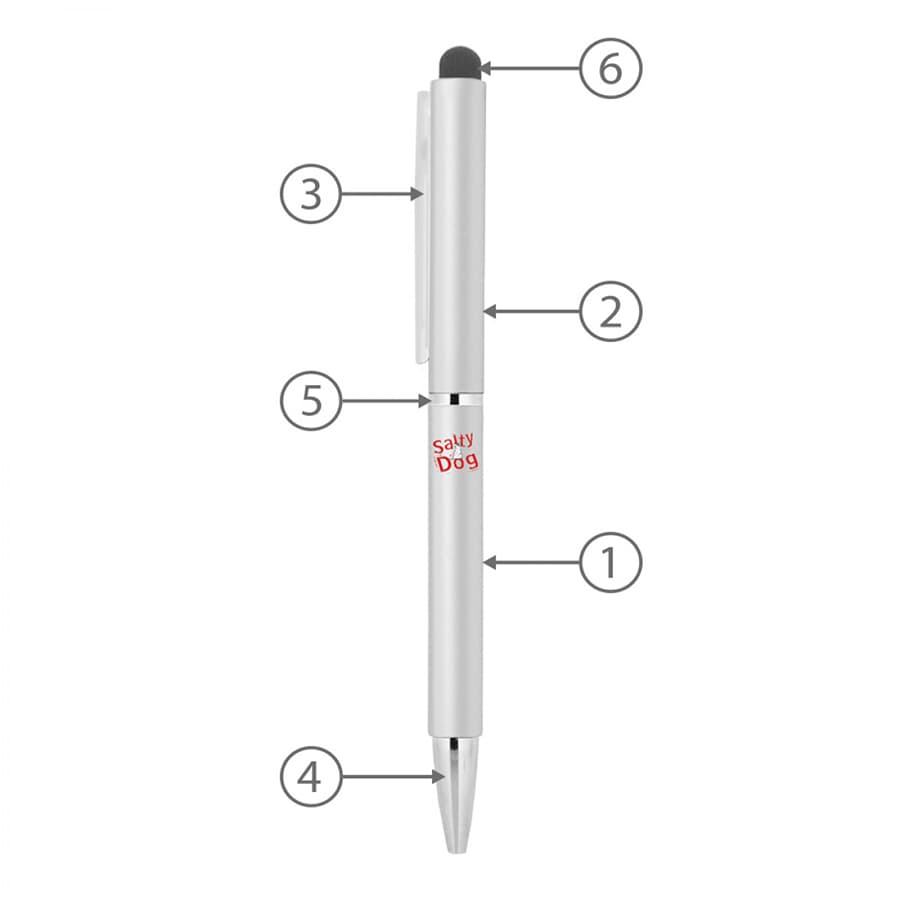 A sleek silver metal ballpoint pen with a twist mechanism and a stylus tip, featuring a logo.