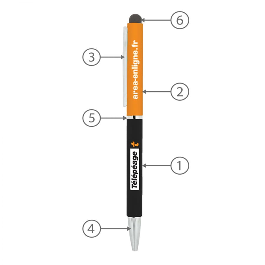 A metal ball pen featuring a black body, silver tip, and an orange clip with a logo. Includes a stylus top for touchscreen use.