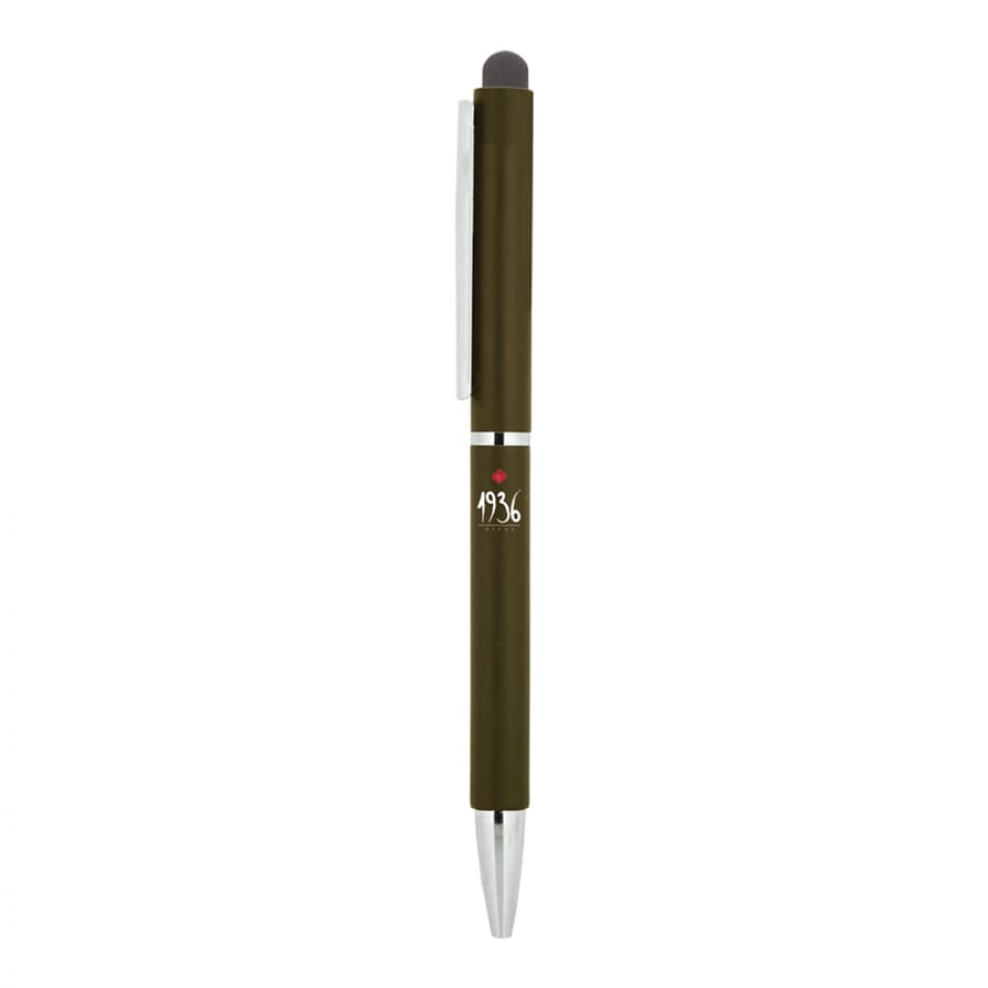 A metal ballpoint pen in olive green with a twist mechanism and a stylus tip. It features a branding logo.