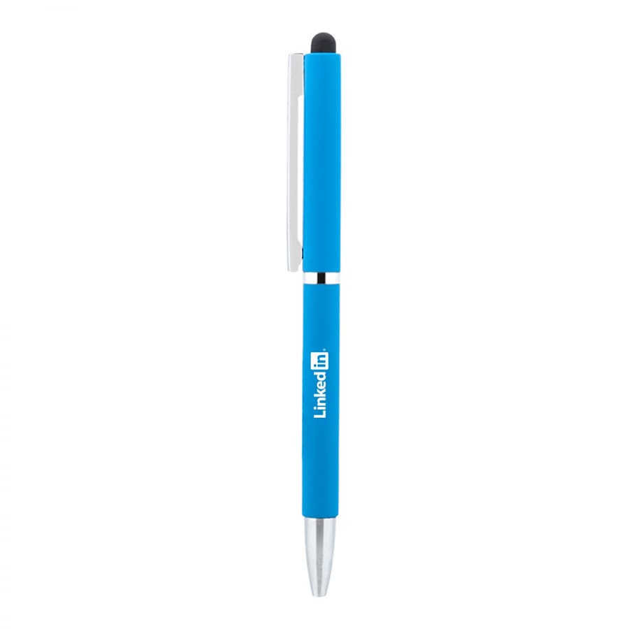 A blue metal ball pen with a stylus tip and a silver clip, featuring a logo.