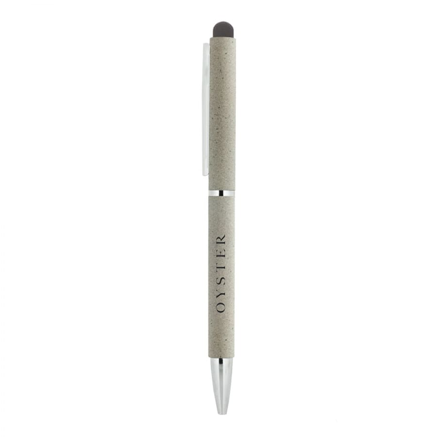 A metal ballpoint pen with a grey textured body, silver accents, and a stylus tip. It features a logo on the body.