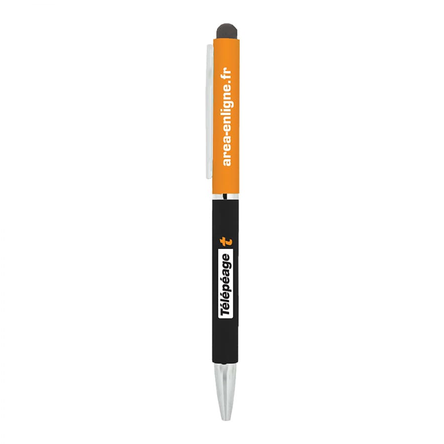 A metal ball pen featuring a black barrel and an orange clip, with a stylus tip and a discreet logo.