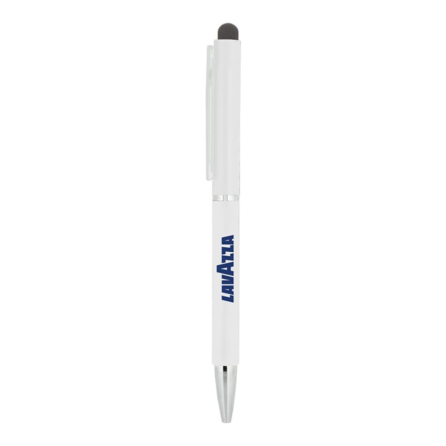 A white metal ball pen with a silver tip and black stylus. It features a logo.