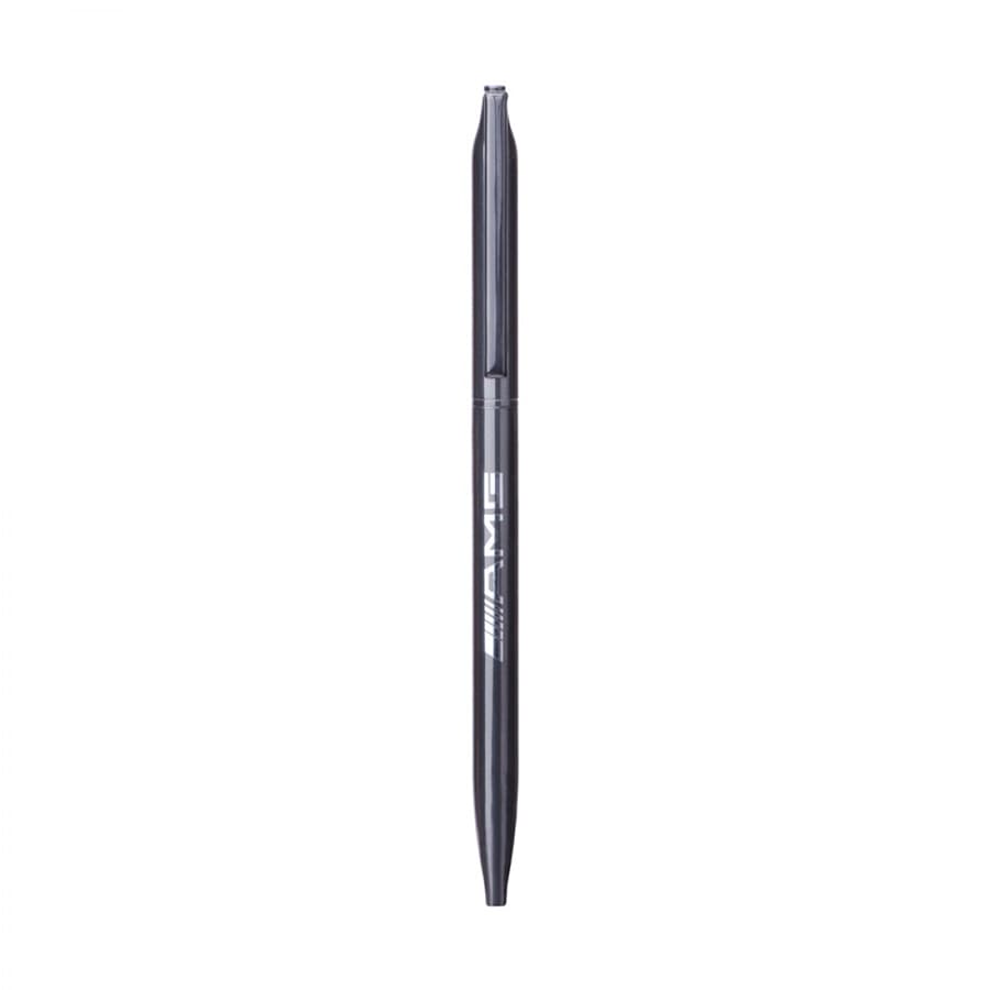 A thin twist metal ball pen in black, featuring a sleek design and a logo. Ideal for writing.