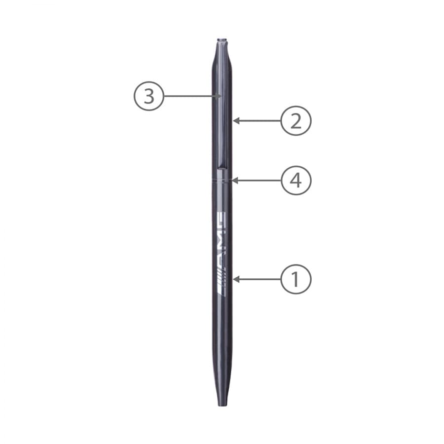 A thin twist metal ball pen in black, featuring a logo and numbered sections for reference.