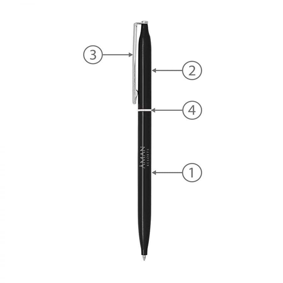 A black metal ballpoint pen with a silver clip, featuring a logo on the barrel.