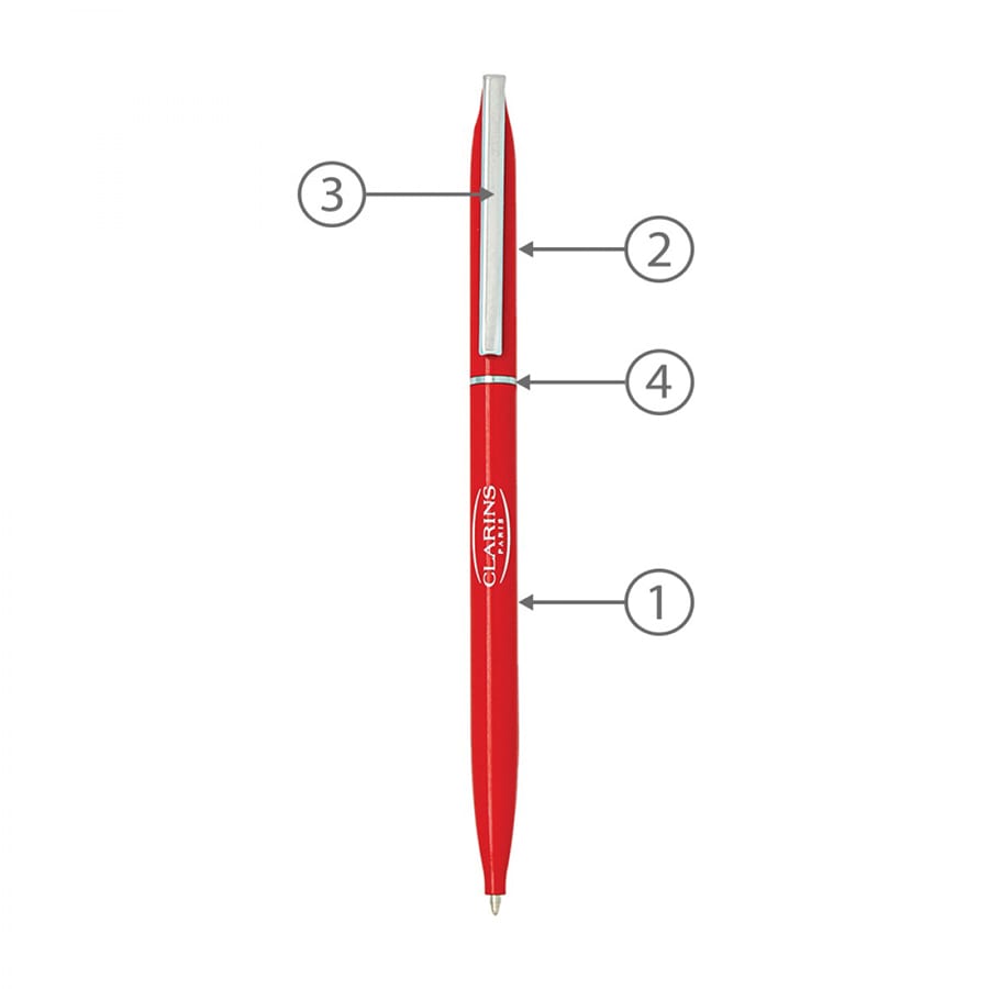 A thin twist metal ball pen in vibrant red, featuring a sleek design and a clip, with a logo on the barrel.