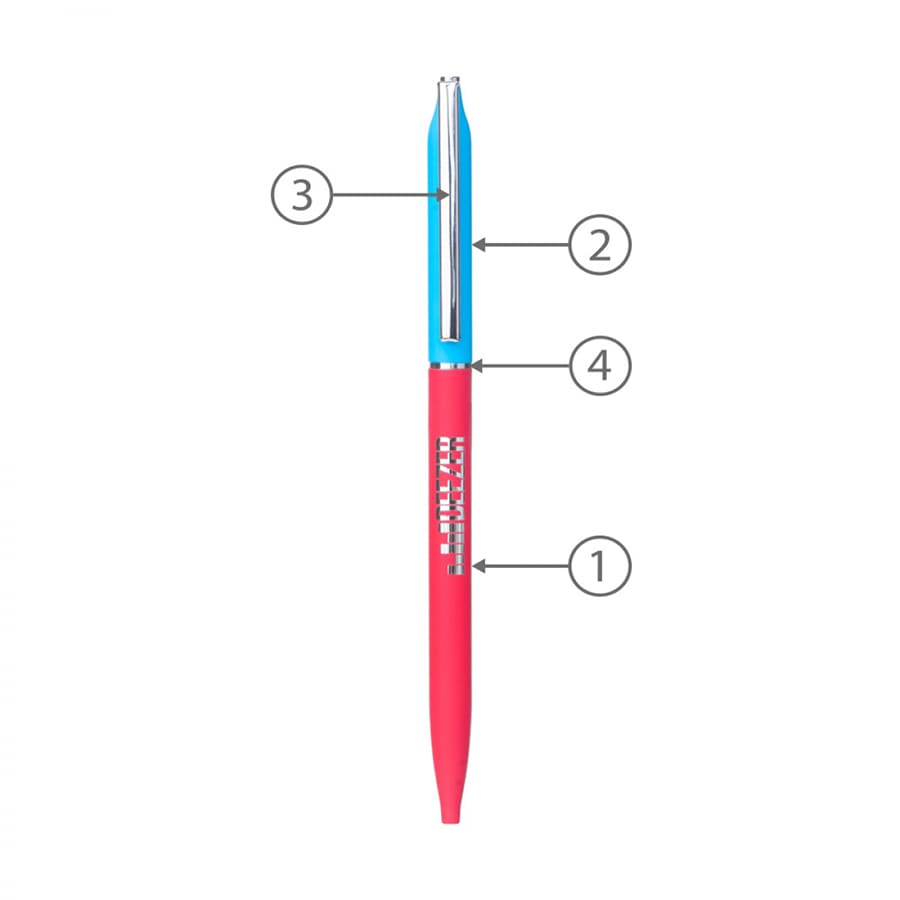 A pink and blue metal ball pen with a clip and a logo, featuring a sleek design for writing.