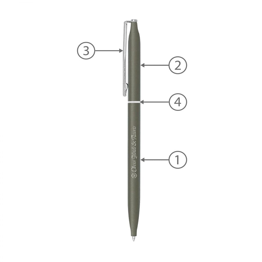 A thin metal ballpoint pen in green with a clip and a logo, featuring a sleek design and a polished finish.