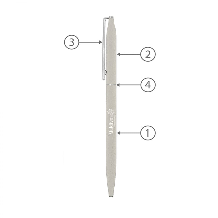 A thin, silver metal ballpoint pen with a smooth finish and a clip for easy attachment. It features a logo.