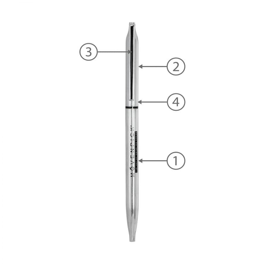 A thin, silver metal ballpoint pen featuring a logo and numbered indicators.