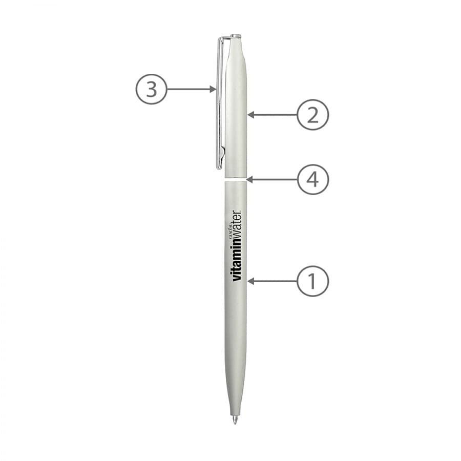 A silver metal ballpoint pen with a sleek design and a clip, featuring a logo on the barrel.