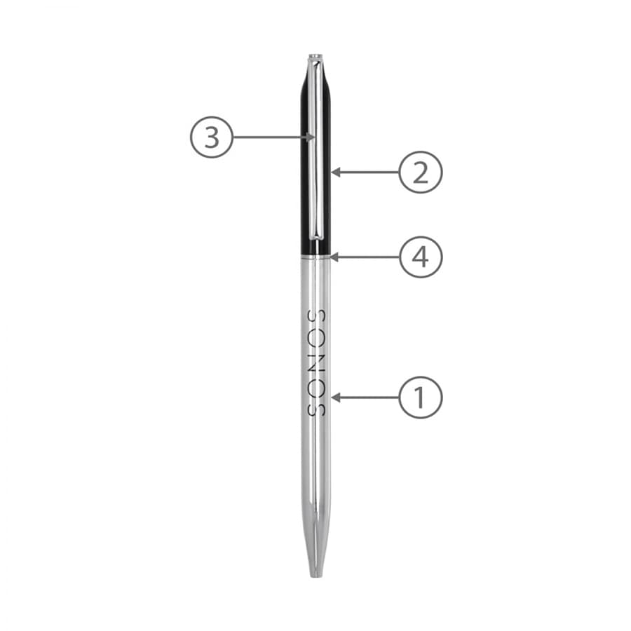 A metal ballpoint pen in silver with a clear barrel and a logo. Suitable for writing tasks.