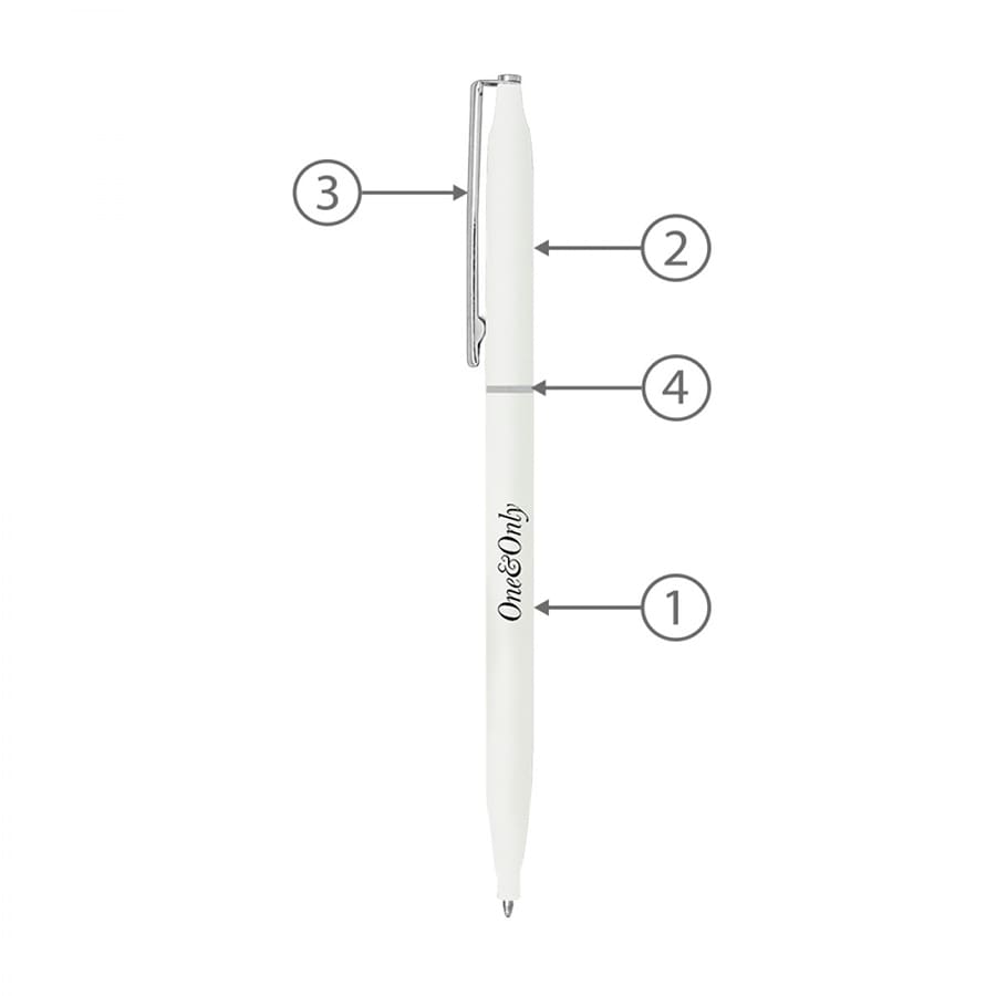 A white metal ball pen with a sleek design and a clip, featuring branding on the body.