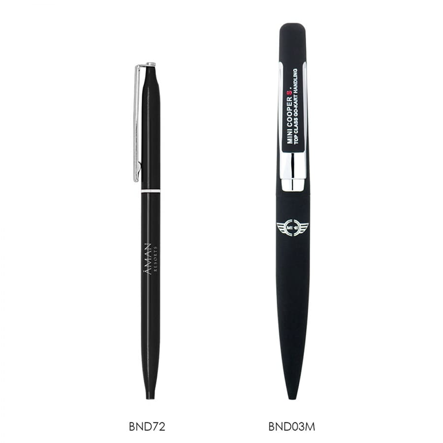 A sleek black metal ballpoint pen with a shiny finish, featuring a clip and a branded logo.