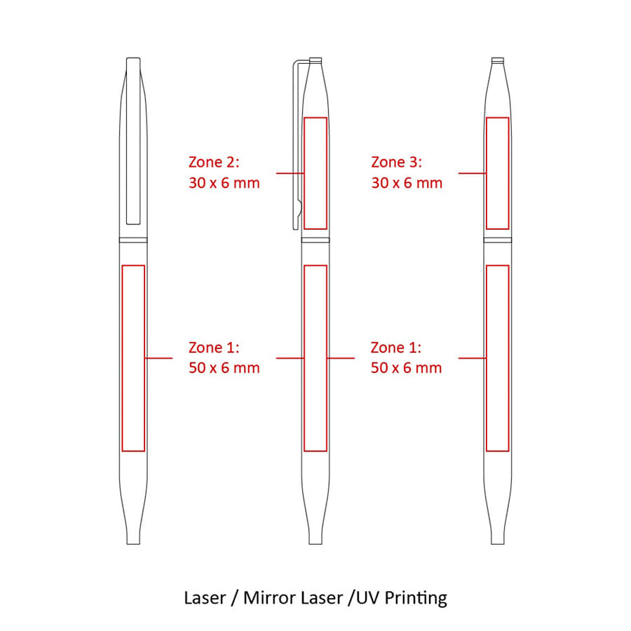 A thin twist metal ball pen, featuring a clip and multiple printing zones, in a minimalistic design.