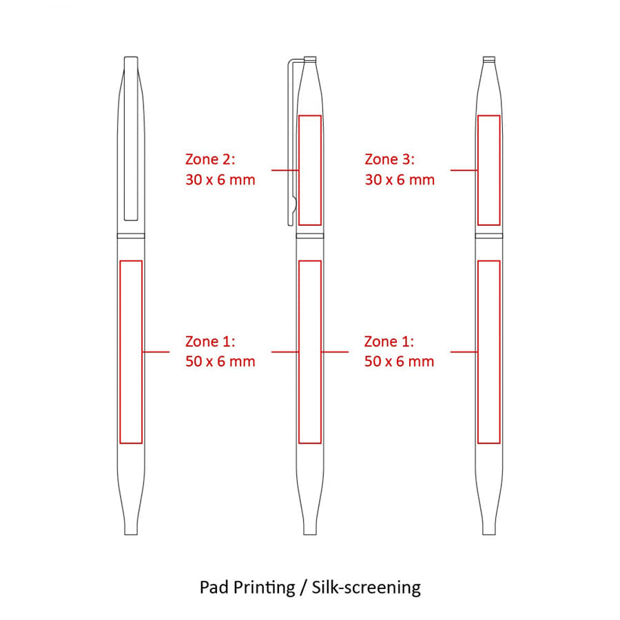 A thin twist metal ball pen design with zones for pad printing and silk-screening, featuring a sleek, minimalist style.