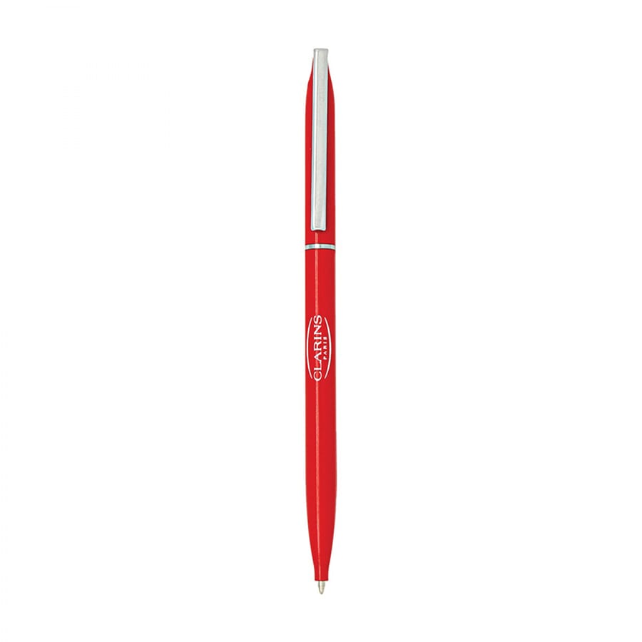 A thin twist metal ball pen in vibrant red with a silver clip and logo branding. Ideal for writing.