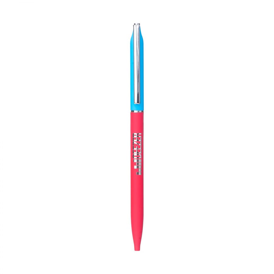 A metal ballpoint pen featuring a bright pink barrel and a blue cap, with a visible logo on the side.