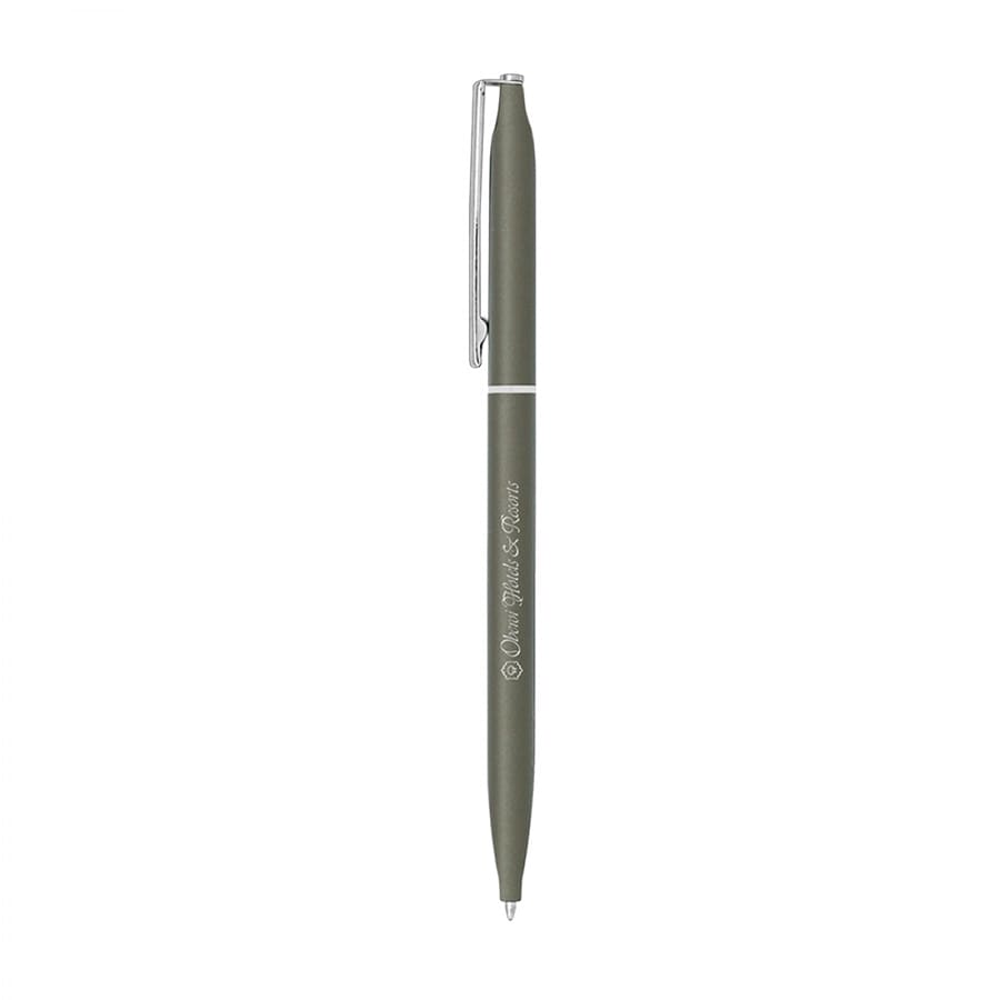 A thin twist metal ball pen in olive green with a silver clip and branding.