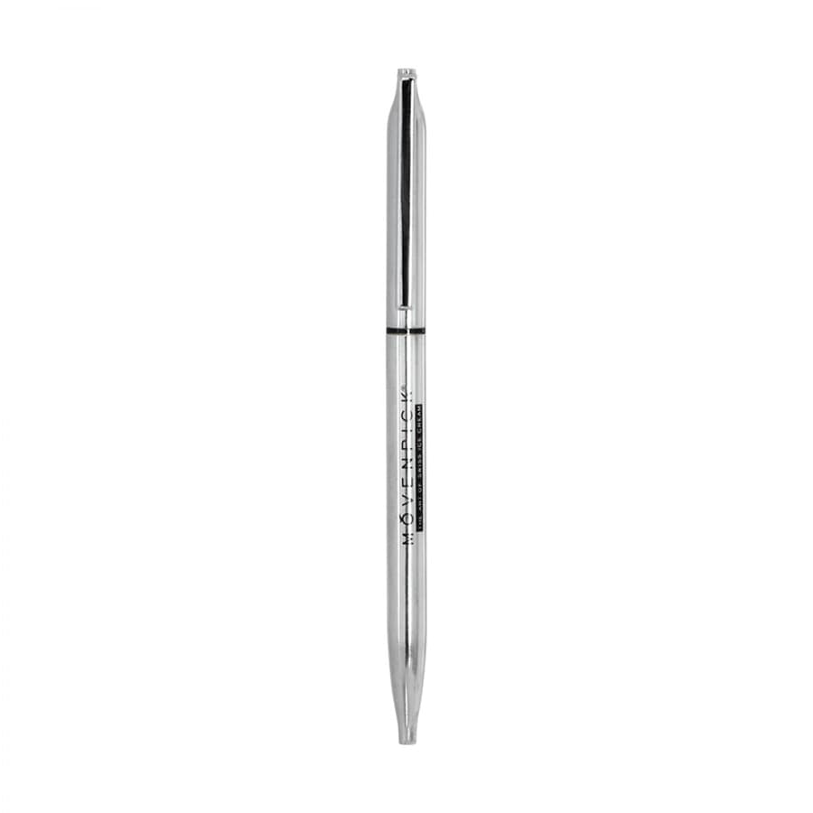 A thin silver metal ball pen with a sleek design and a branding logo.