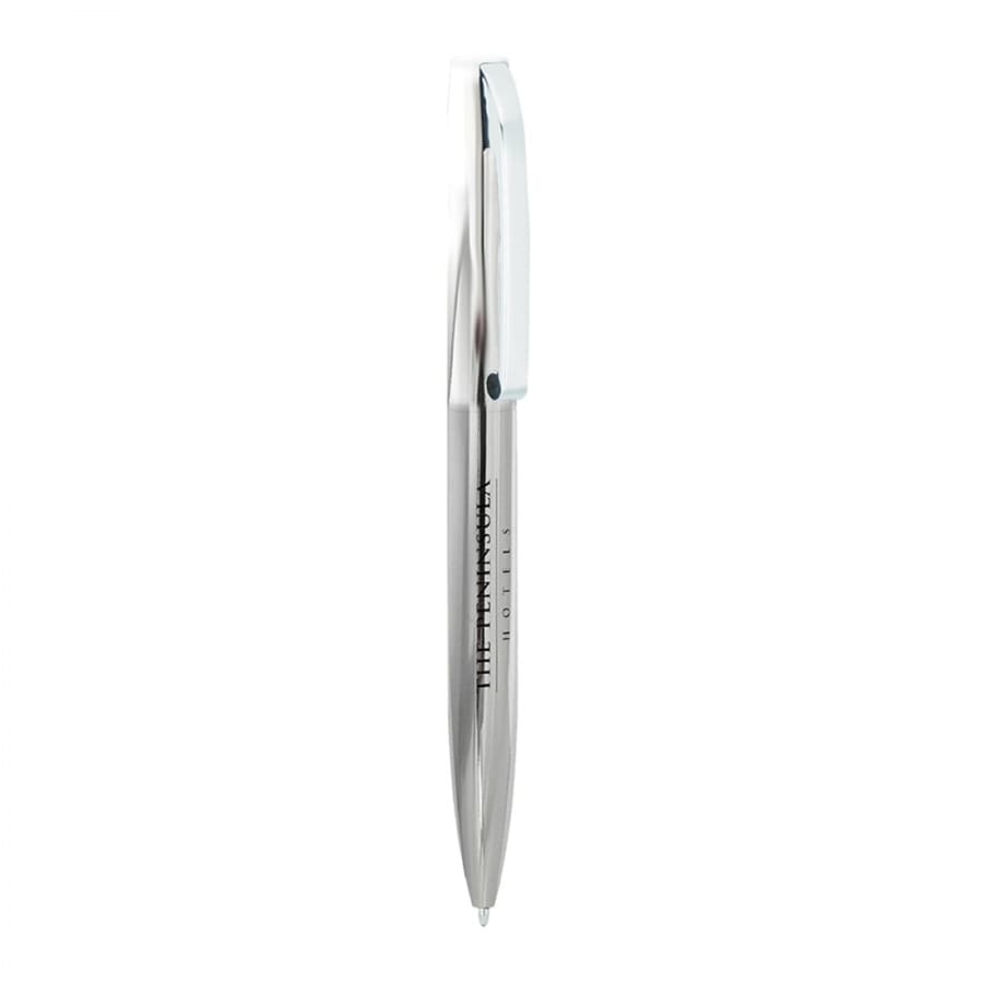 A silver metal ballpoint pen with a sleek design and a branding logo on the barrel.