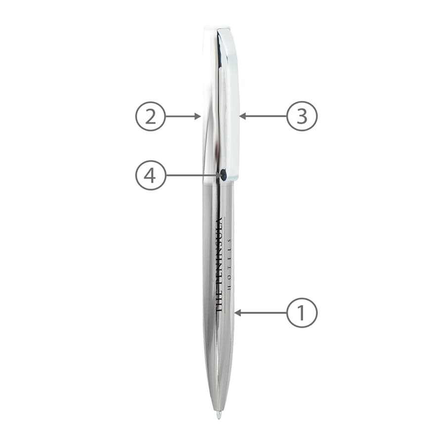A metal ball pen in silver, featuring a sleek design and a logo, shown from the side with numbered annotations.
