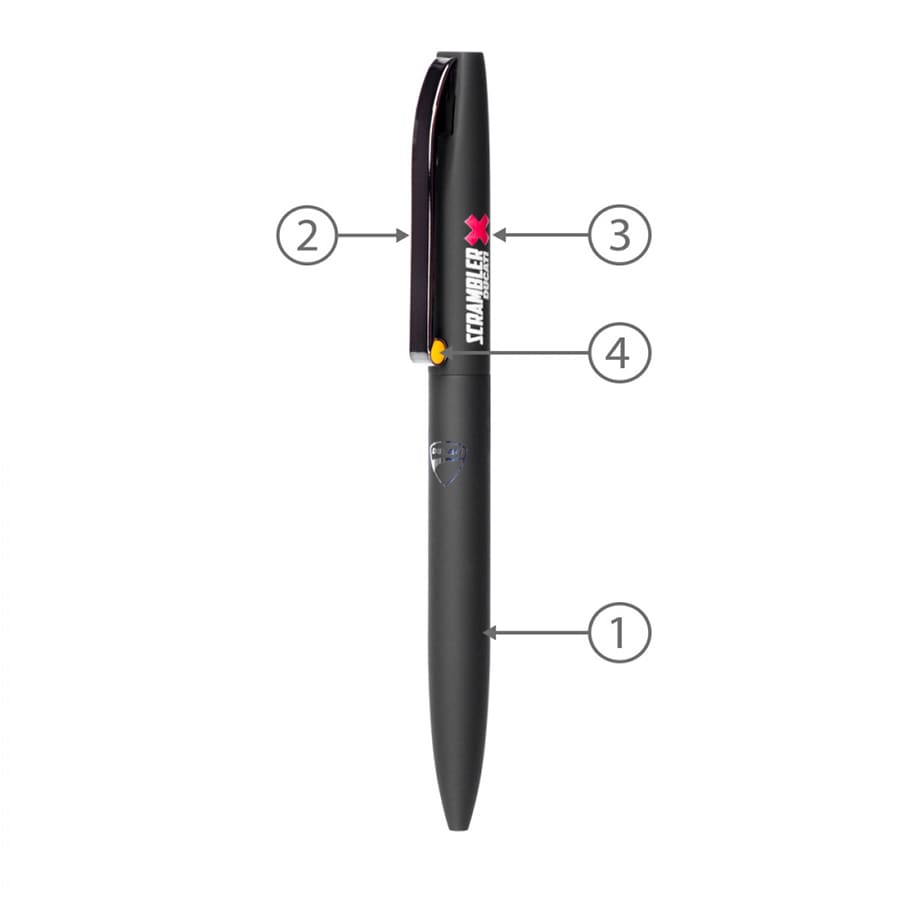 A black metal ballpoint pen with a sleek design and a logo on the side.