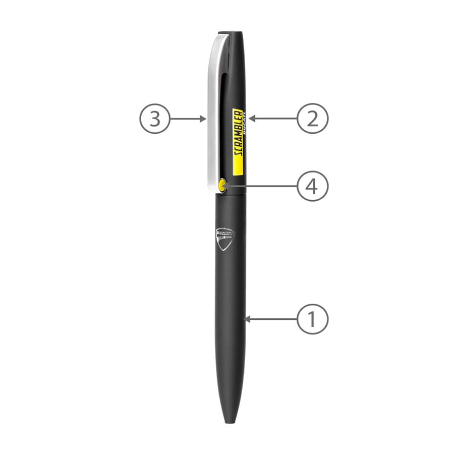 A black metal ball pen featuring a sleek design, with a silver clip and a branding logo.