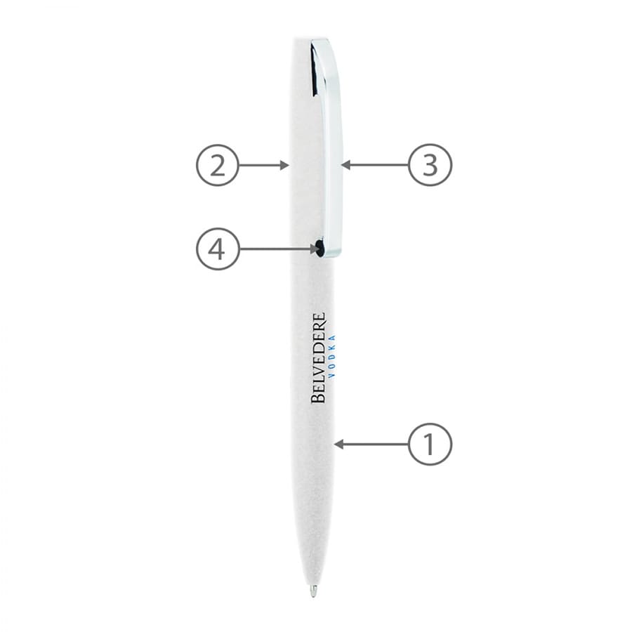 A metal ballpoint pen in white with a silver clip and a logo.