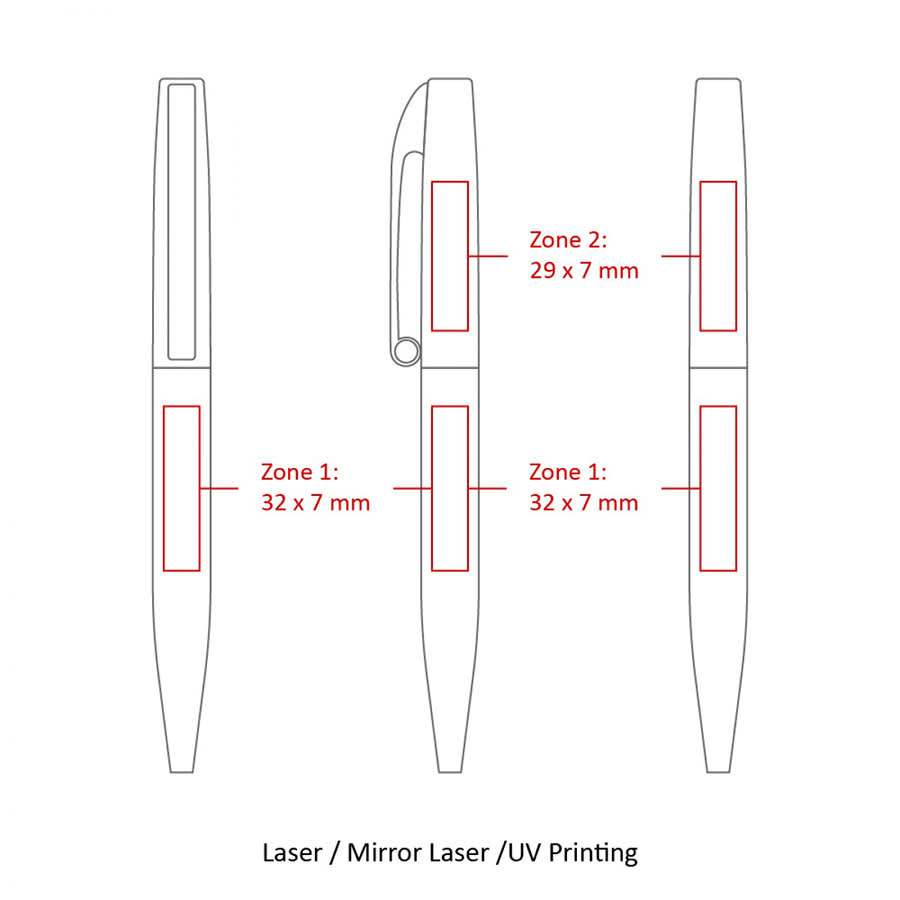 A metal ball pen in white with zones for printing. It features a clip and a smooth twist mechanism.