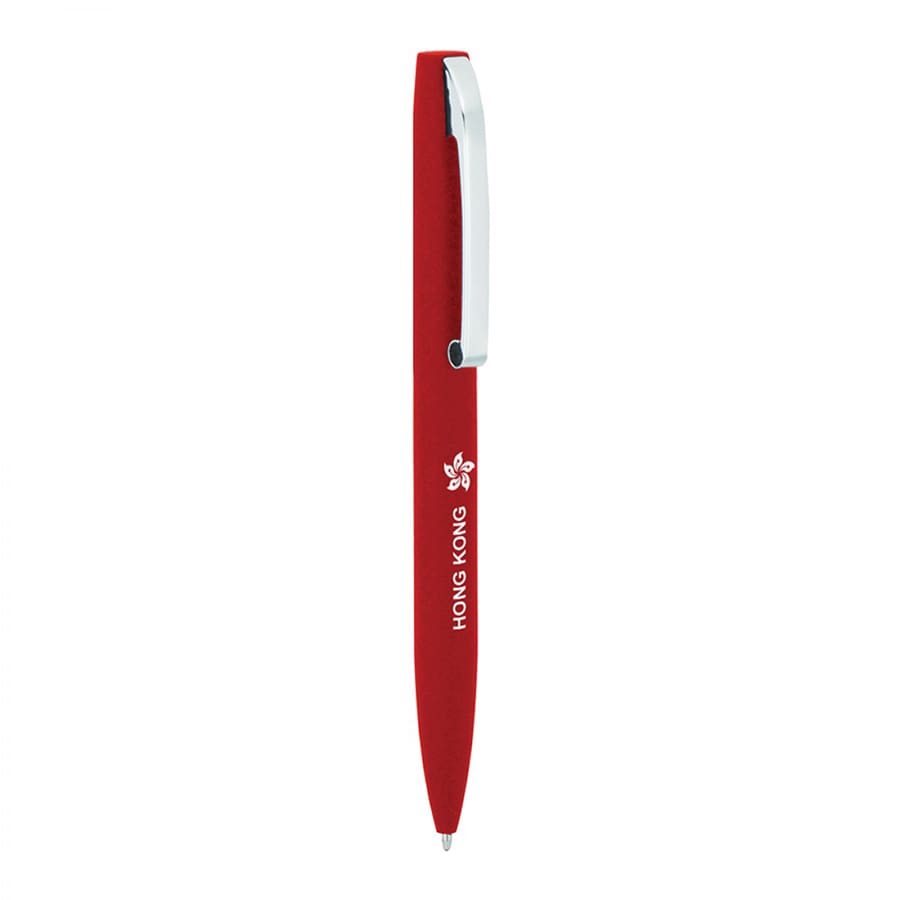 A red metal ballpoint pen with a silver clip and a logo.